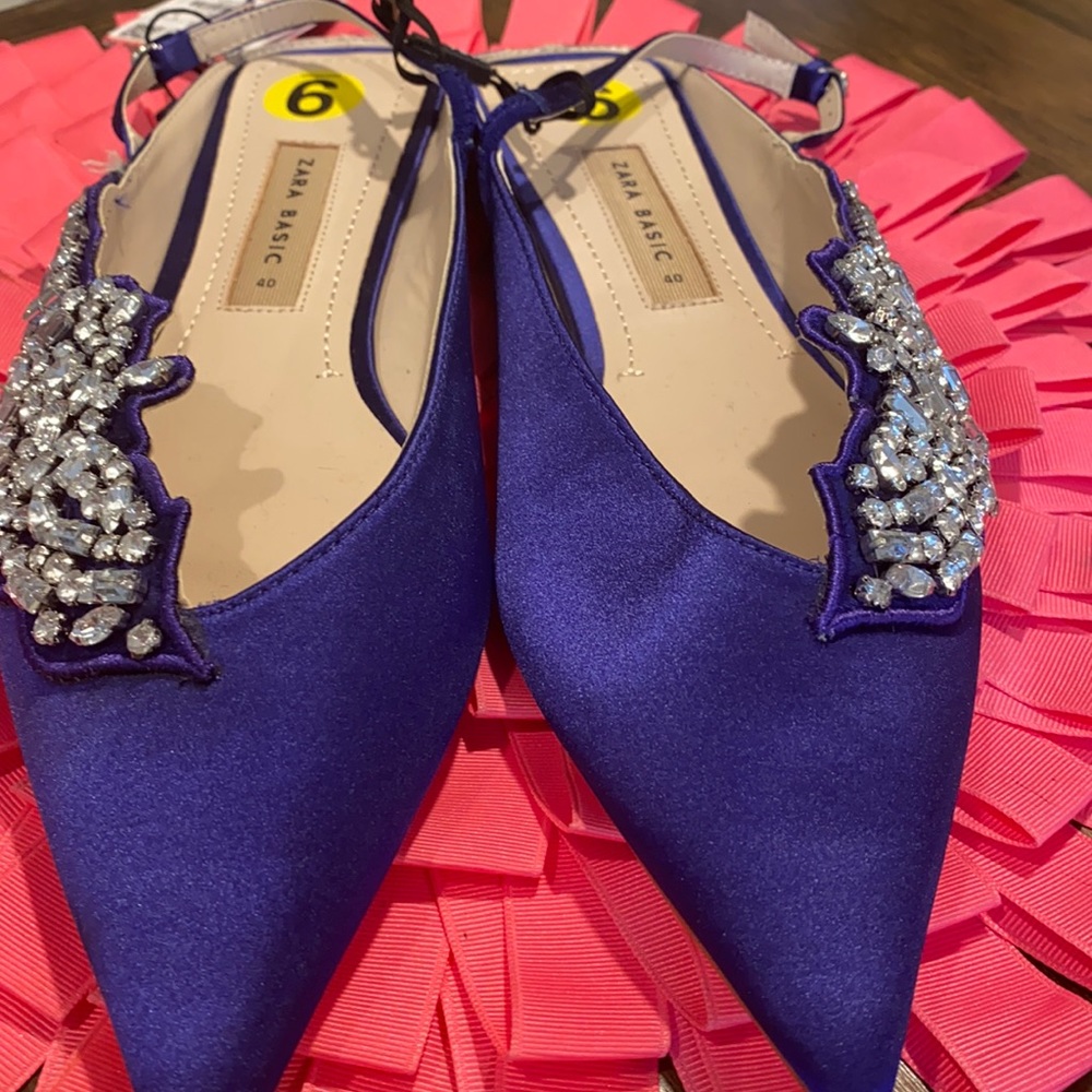 New Zara royal blue satin pointed toe slingback flats. They are are super cute!